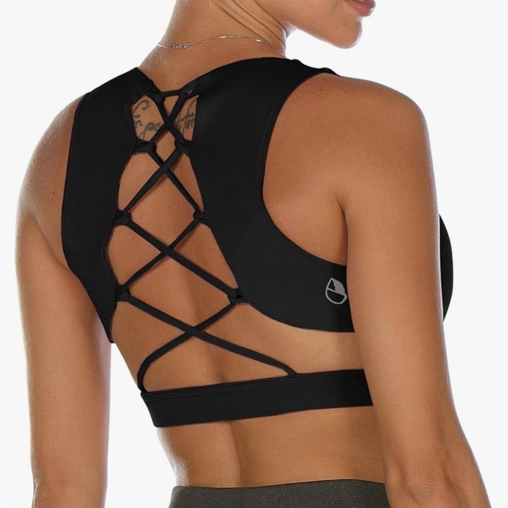 Icyzone Black Lace up Sports Bra Small